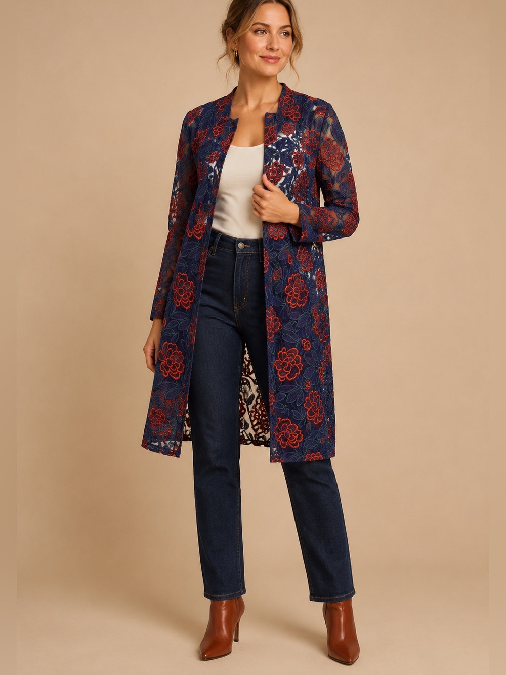 Driftwood Turn Heads Cardigan Women Medium Embroidered Floral Sheer Duster